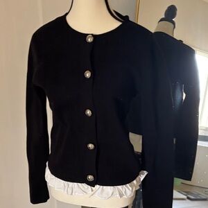 Loft Black Women's Button-Front Knit Sweater w white ruffle hem